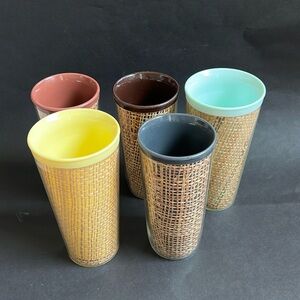 Set of 5 Vintage Raffiawear Rattan Burlap Thermo-Temp Tumblers